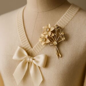 Vtg Gold-Tone Brooch With Mother Of Pearl Accents & Rhinestones Floral Design